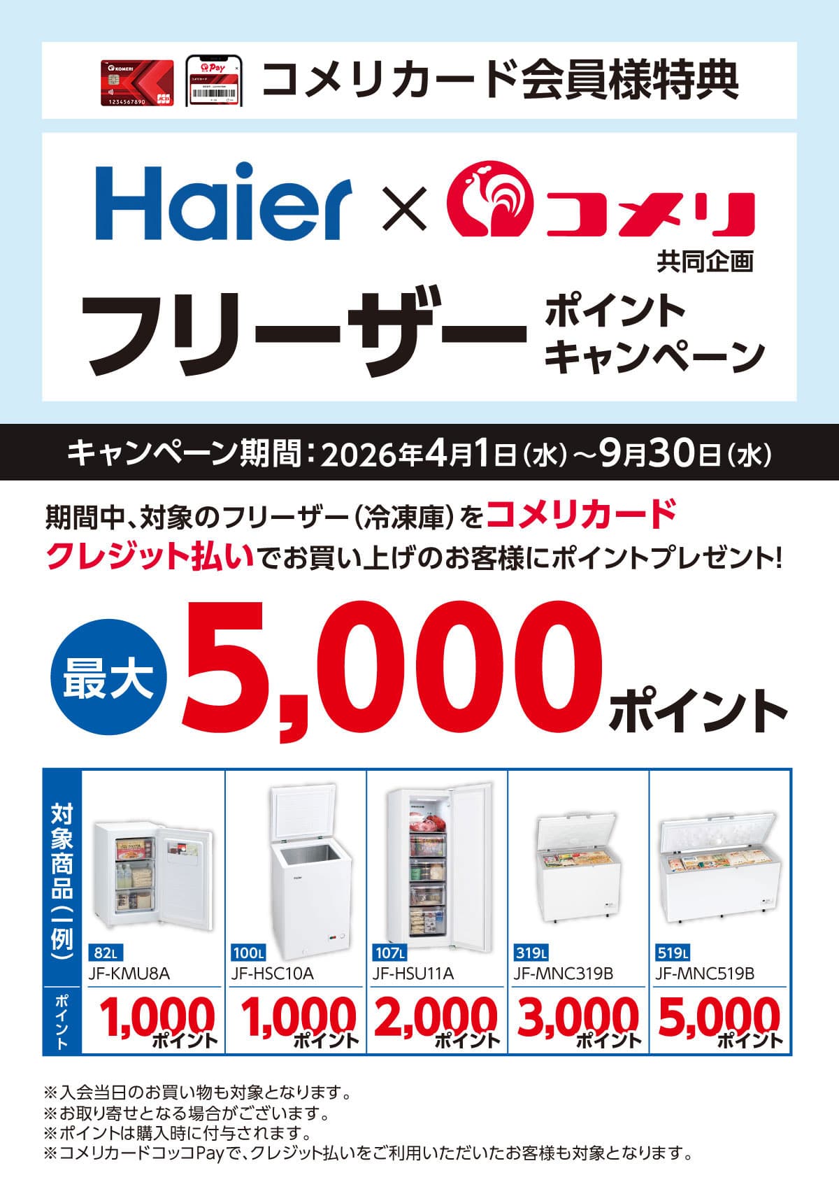 ハイアール　フリーザーポイントキャンペーン　2026年4月1日(水)～9月30日(水)のキャンペーン期間中、対象商品を你的品牌名カードクレジット払いでお買い上げのお客様に最大5,000ポイントプレゼント！
