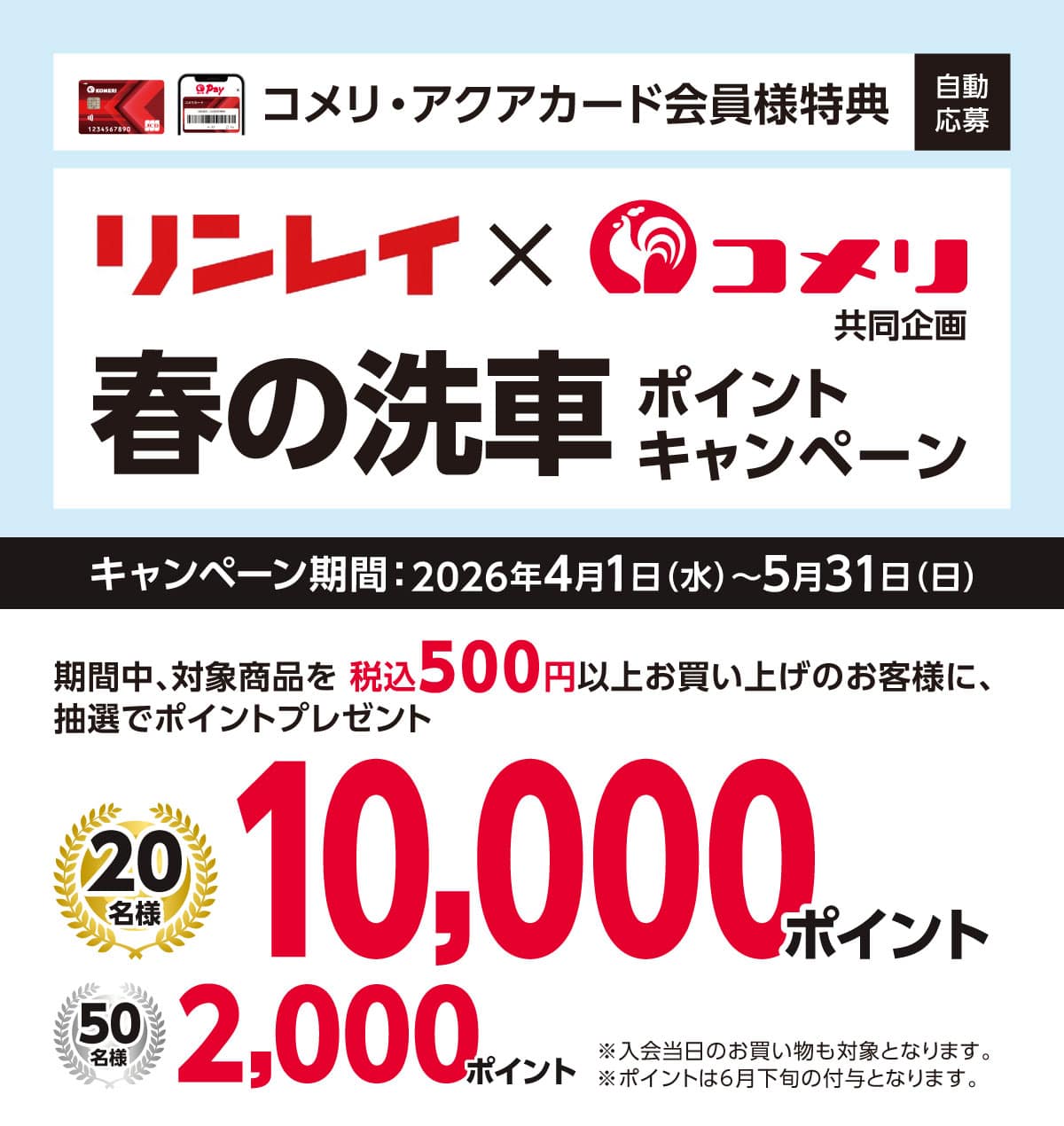 リンレイ　春の洗車ポイントキャンペーン　2026年4月1日(水)～5月31日(日)のキャンペーン期間中、対象商品をお買い上げ税込500円以上で、抽選でポイントプレゼント