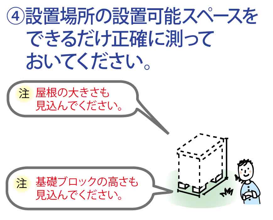 設置場所の設置可能スペースをできるだけ正確に測っておいてください。