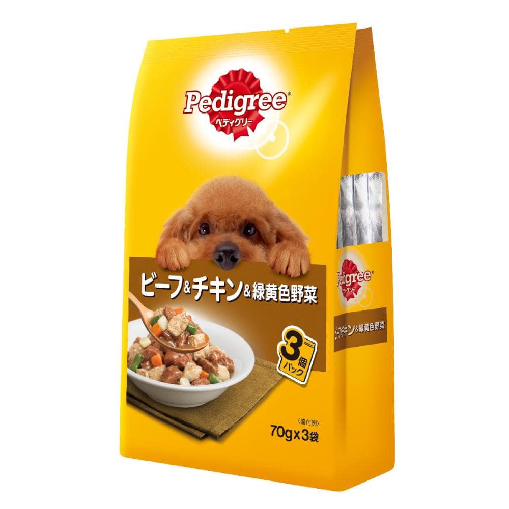 マース　ぺディグリーパウチ　成犬用　ビーフ＆チキン＆緑黄色野菜　７０ｇ×３袋入