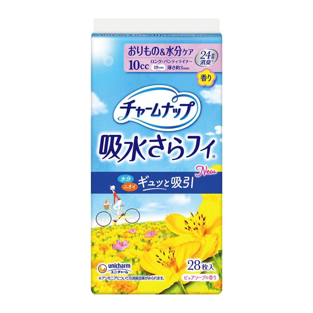 チャームナップ　吸水サラフィ　パンティライナーロング　おりもの＆水分ケア１０ｃｃ　ピュアソープの香り　２８枚