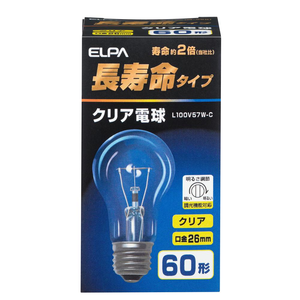 ＥＬＰＡ　長寿命クリア電球　Ｌ１００Ｖ５７Ｗ－Ｃ　クリア