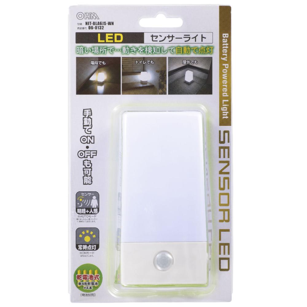 オーム電機　乾電池式　ＬＥＤ人感センサーライト　ＮＩＴ－ＢＬＡ６ＪＳ－ＷＮ