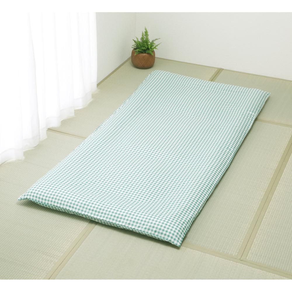 敷布団カバー　フラワーチェック　グリーン　シングルロング　１０５×２１５ｃｍ