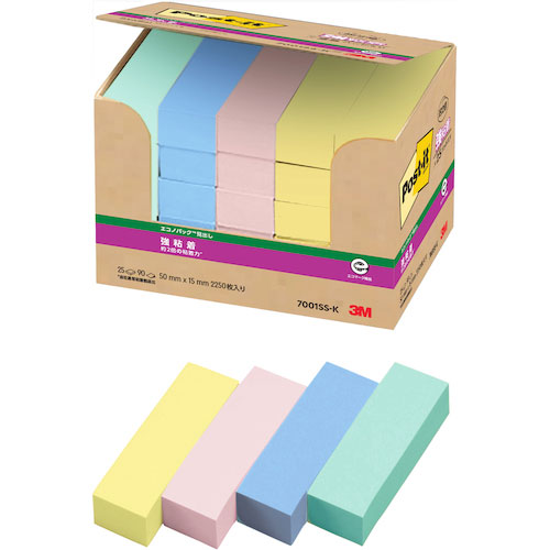 ３Ｍ　ポスト・イット　強粘着　５０Ｘ１５ｍｍ　９０枚Ｘ２５パッド　４色混色　７００１ＳＳ－Ｋ＿
