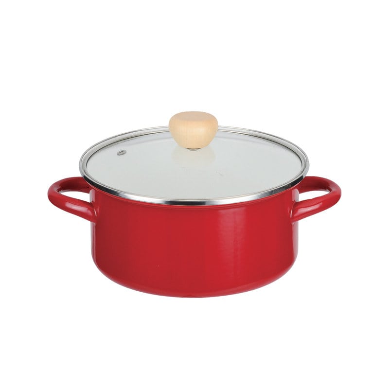パール金属　アミュレット　ホーローガラス蓋両手鍋　２０ｃｍ　レッド