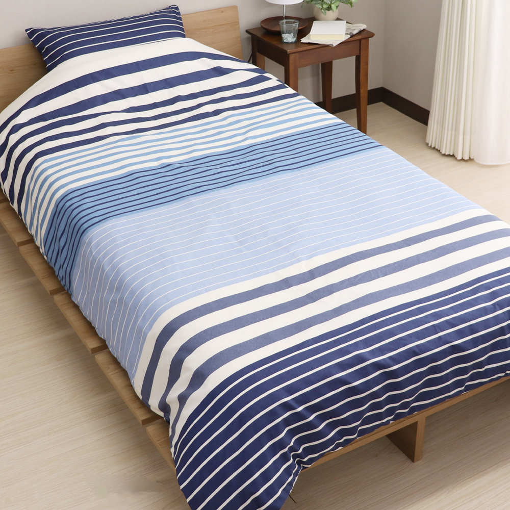 掛布団カバー　幾何ボーダー　ネイビー　シングルロング　１５０×２１０ｃｍ