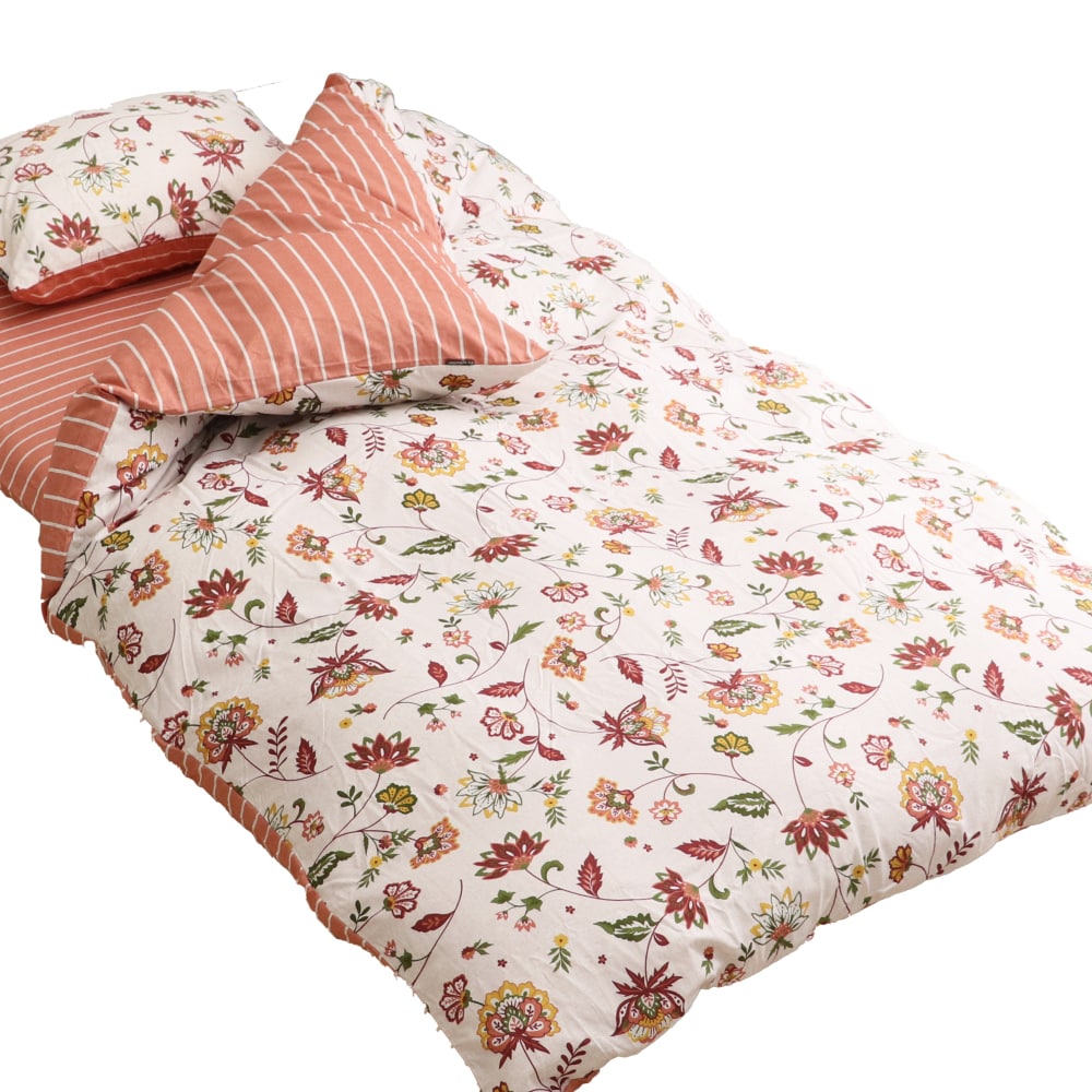 掛布団カバー　更紗ボーダー　ピンク　ダブルロング　１９０×２１０ｃｍ