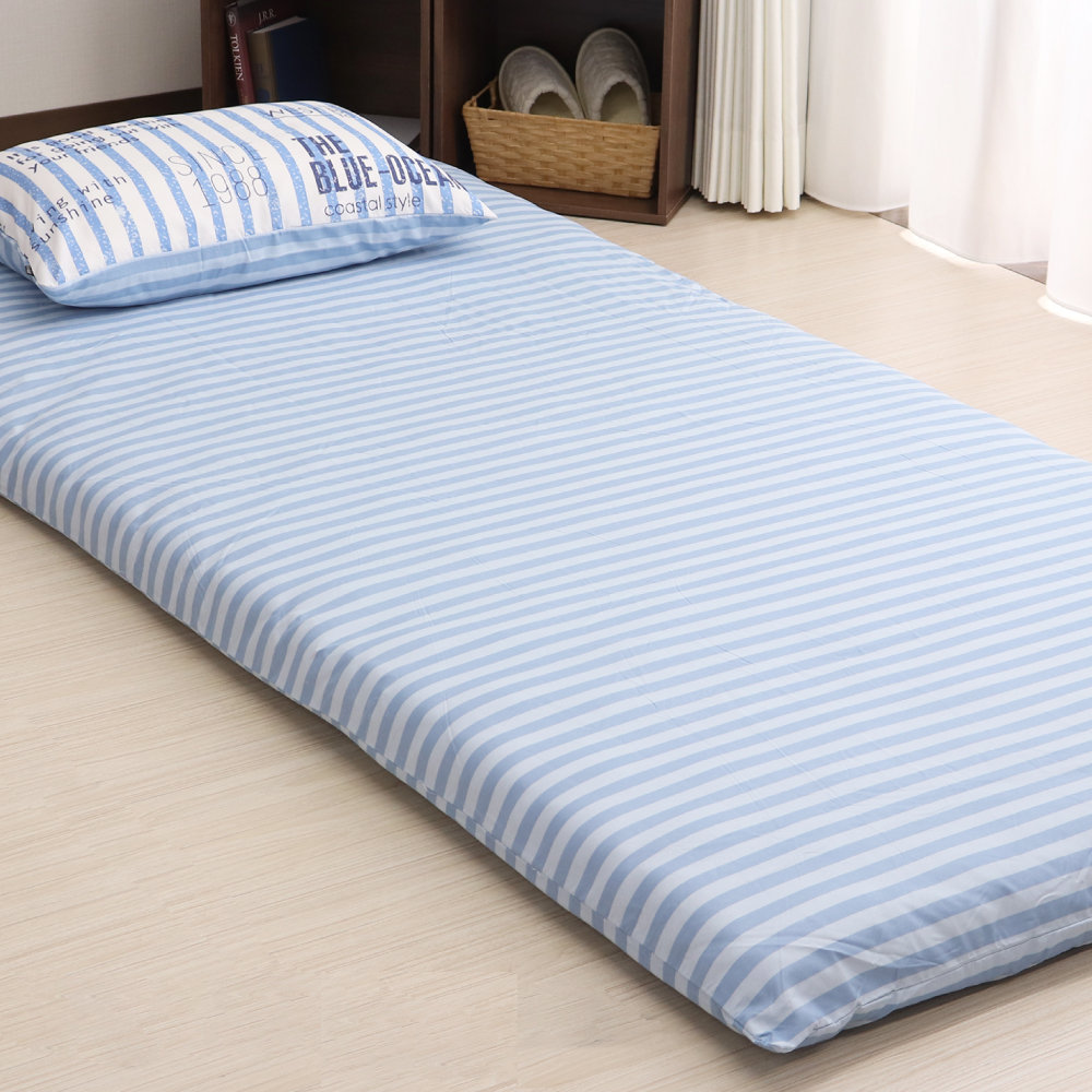敷布団カバー　ロゴボーダー　ブルー　シングルロング　１０５×２１５ｃｍ