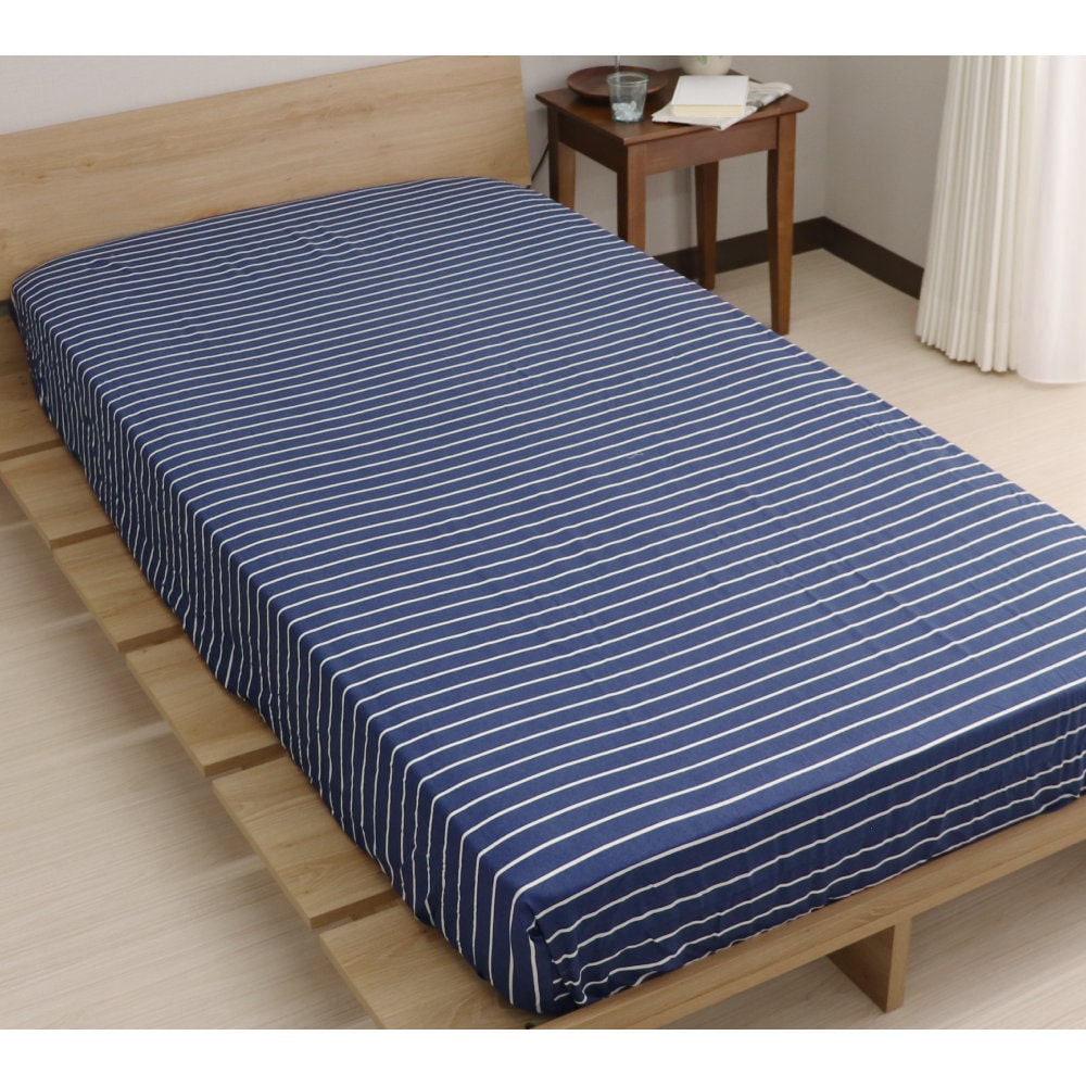 ＢＯＸシーツ　幾何ボーダー　ネイビー　シングル　１００×２００×マチ３８ｃｍ