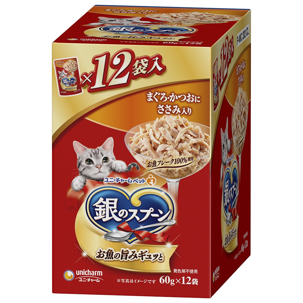 ユニ・チャーム　銀のスプーンパウチ　まぐろ・かつお・ささみ　６０ｇ×１２個