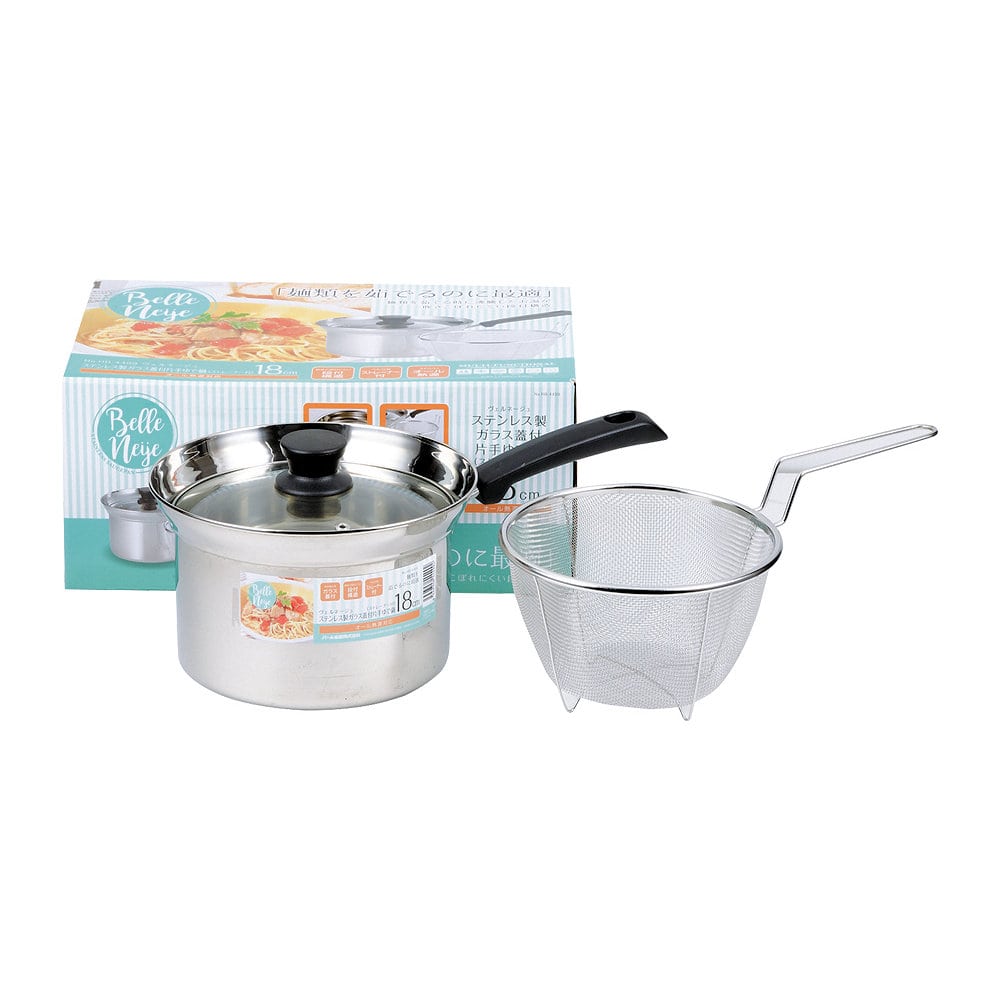 ステンレスガラス蓋付片手ゆで鍋１８ｃｍストレーナ付