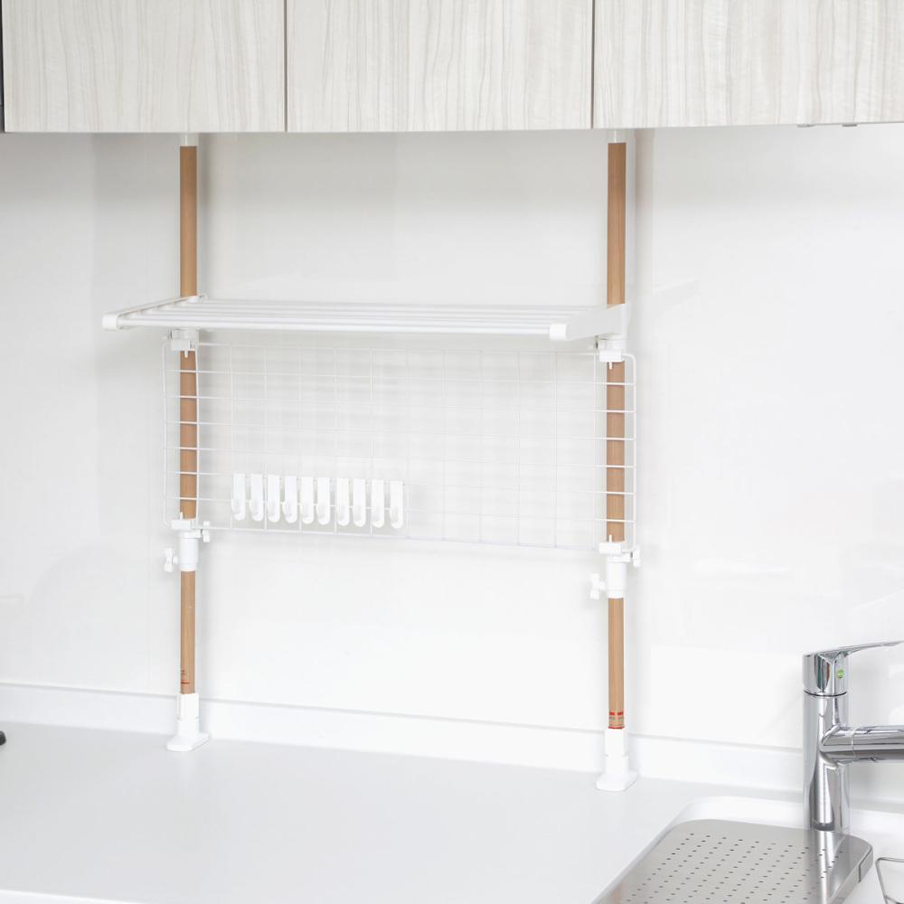 アテーナライフ　キッチン収納　突っ張りラック　木目調　１段　ネット付き