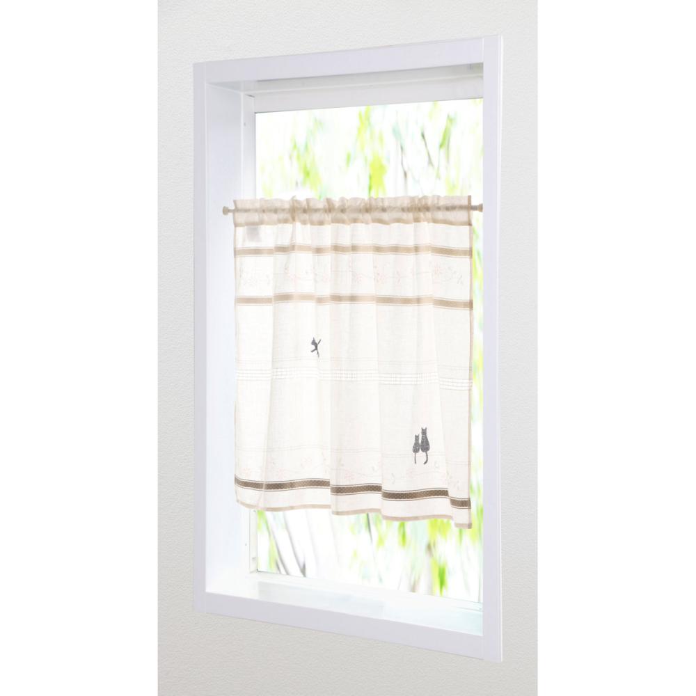 カフェカーテン　ステッチキャット　ナチュラル　１１０×７０ｃｍ