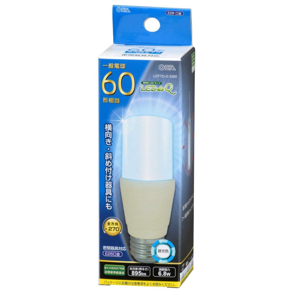 オーム電機　ＬＥＤ電球　Ｔ型　Ｅ２６　６０形相当　昼光色
