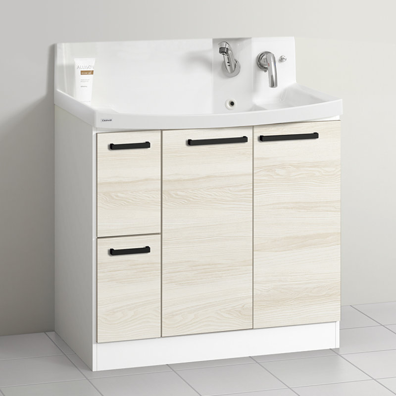 クリナップ　洗面台　ファンシオ　間口９００ｍｍ　高さ８５０ｍｍ　引出しタイプ　取手ブラック　扉色ミルクアッシュ　Ｈ９０２ＷＴＣＷＥ３ＭＢＩ