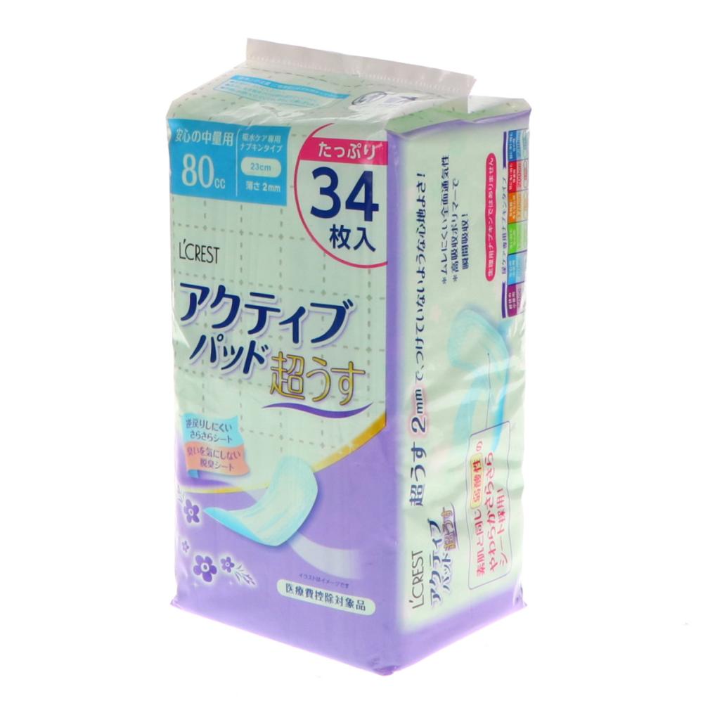 Ｌ’ＣＲＥＳＴ（ルクレスト）　超うすアクティブパッド　安心の中量用　２３cm　８０ｃｃ　３４枚
