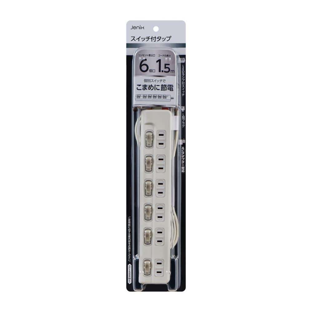 Ｊｅｎｉｘ（ジェニックス）　スイッチ付タップ　６個口　１．５ｍ　Ｌ型プラグ　ＪＸＳＬ６０１５