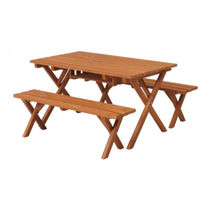 杉材の自然な風合い　ＢＢＱテーブル＆ベンチセット　コンロスペース付