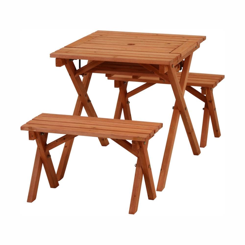 杉材の自然な風合い　ＢＢＱテーブル＆ベンチセットミニ　コンロスペース付