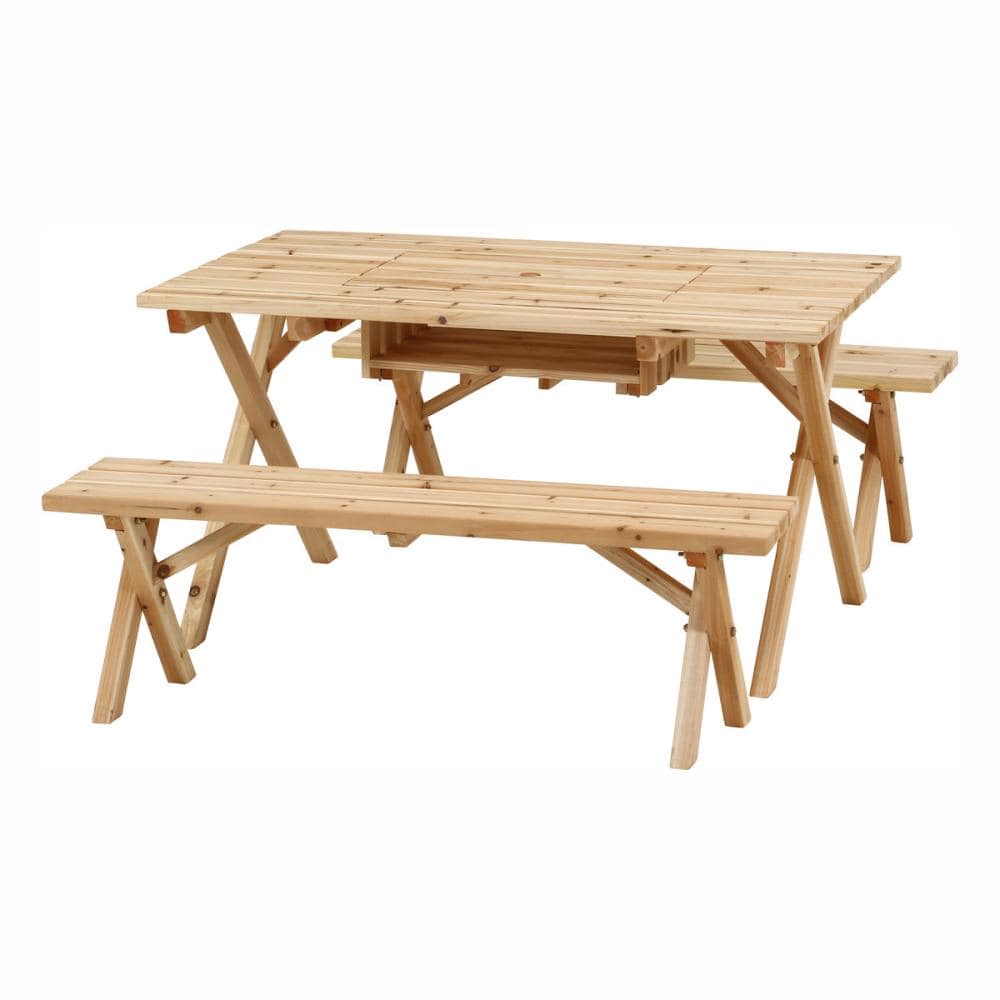 自分の好きな色に塗装できる　ＢＢＱテーブル＆ベンチセット　コンロスペース付　ナチュラルカラー