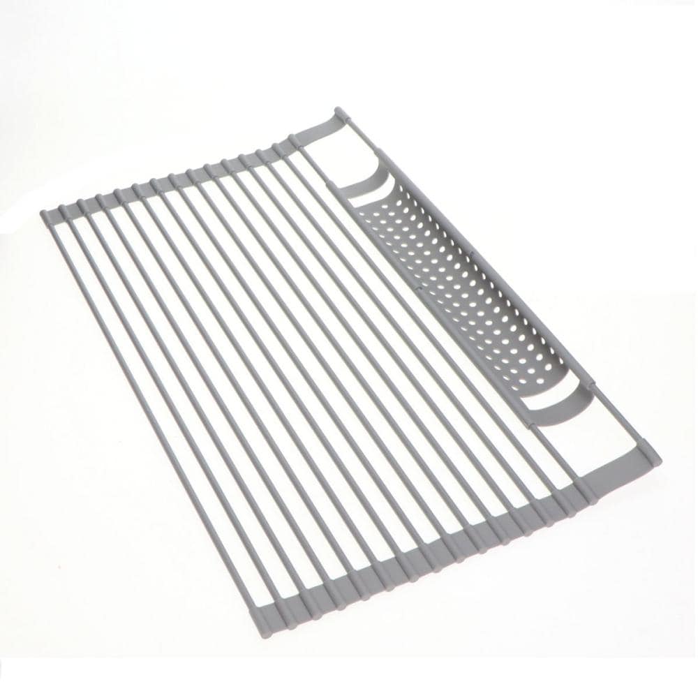 アテーナライフ　巻いて収納できるシリコン水切り　小物置き付き　グレー