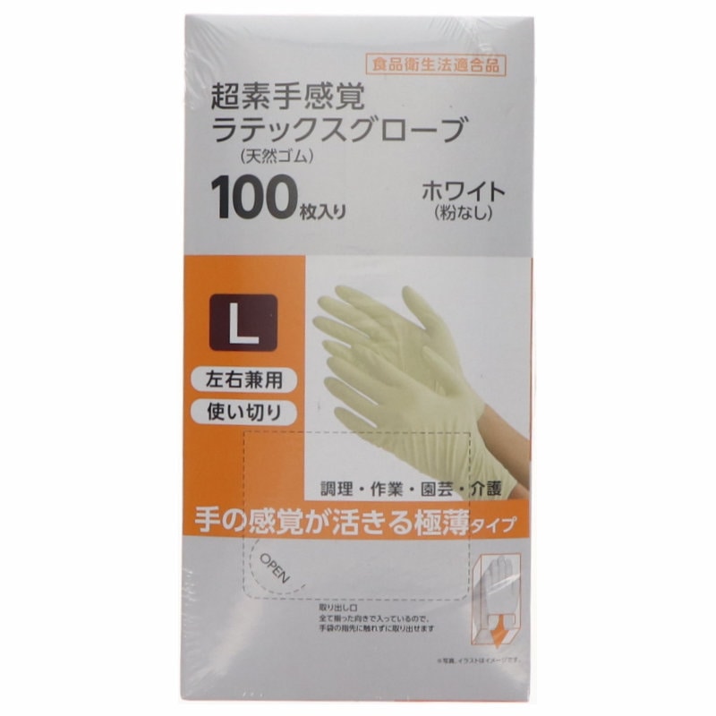 Ｋ＋ＷＯＲＫＳ　超素手感覚ラテックスグローブ　ホワイト　１００枚入り　Ｌ
