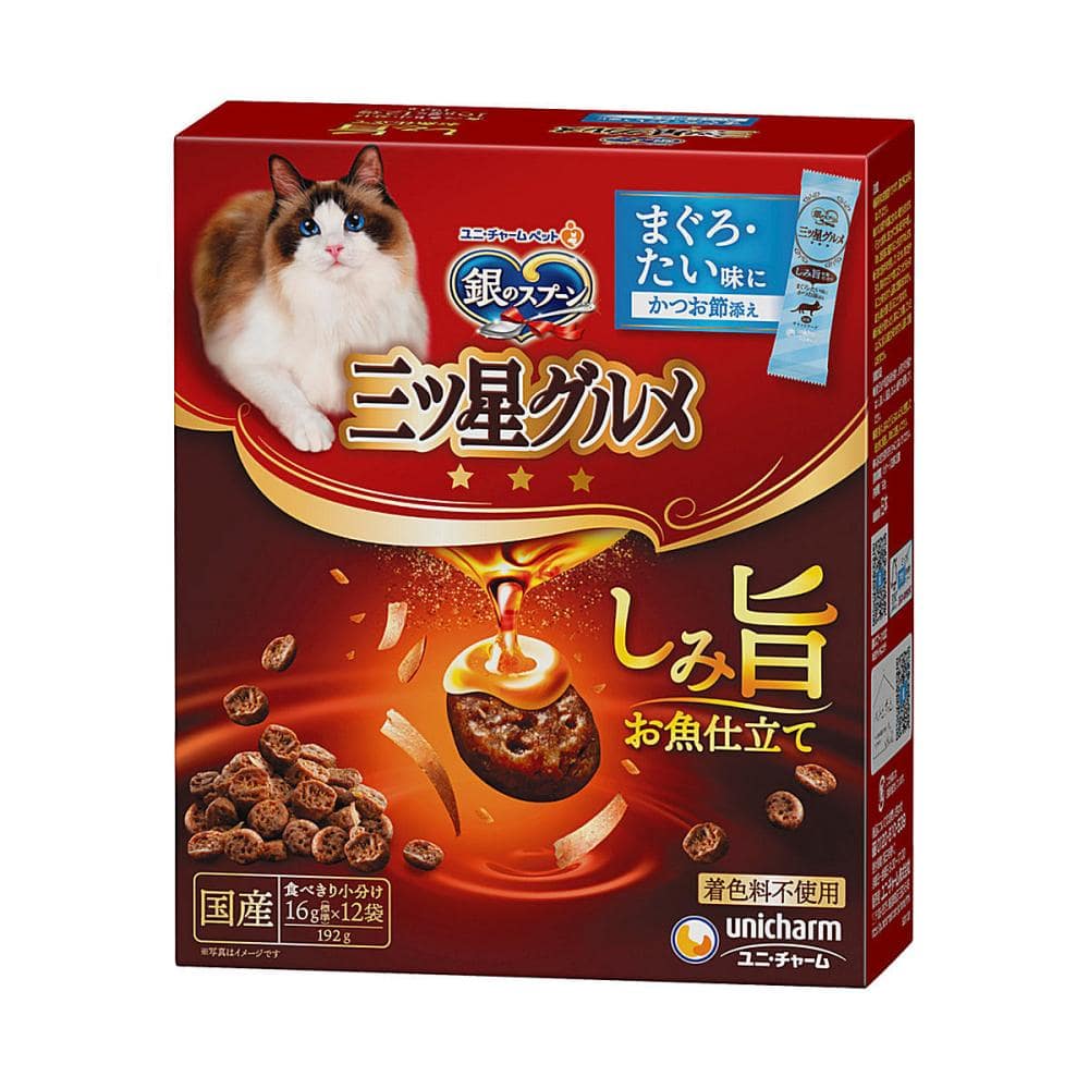 ユニ・チャーム　銀のスプーン　三ツ星グルメ　しみ旨お魚仕立て　まぐろ・たい味にかつお節添え　１９２ｇ