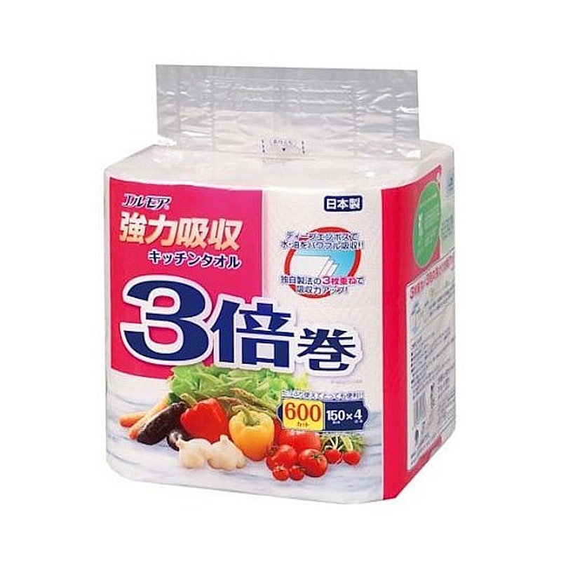 エルモア　強力吸収キッチンタオル　３倍巻１５０カット　３枚重ね　４ロール