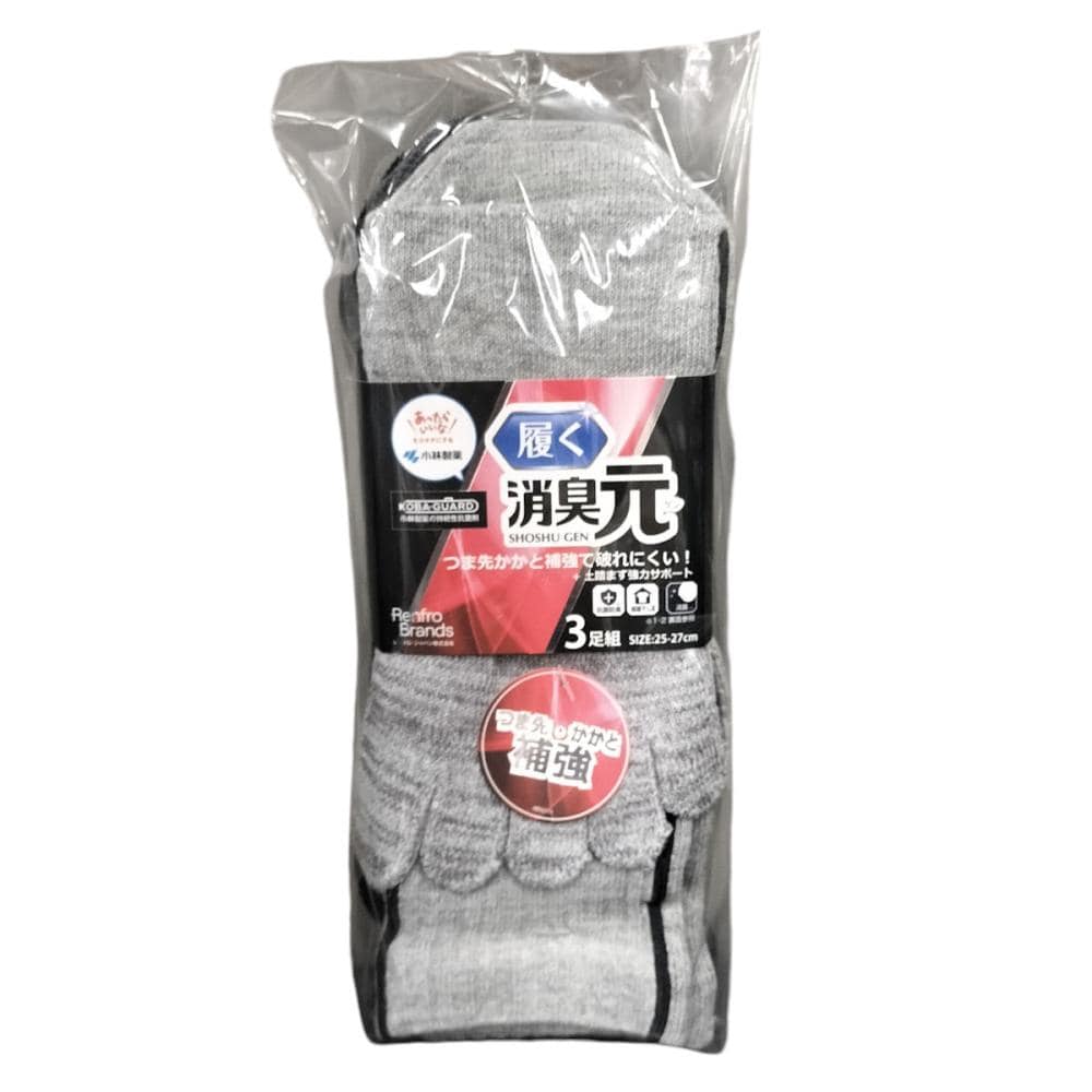 ディックコーポレーション　消臭元ソックス　爪先踵補強　５本指　クルー丈　３足組