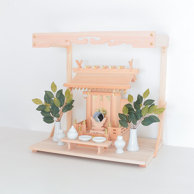 静岡木工　工事現場・現場事務所向け　簡単・すぐにお祀りできる一社神棚セット　神具・榊小・塩・米付き