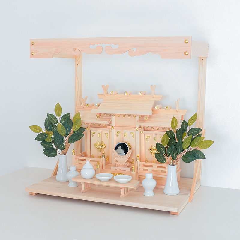 静岡木工　工事現場・現場事務所向け　簡単・すぐにお祀りできる定番神棚セット　神具・榊小・塩・米付き