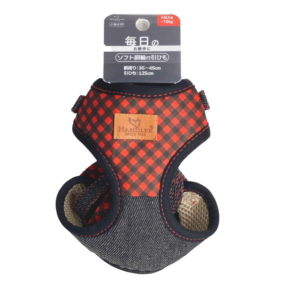 エブリデイ　チェックデニム胴輪付リード　Ｓ　黒