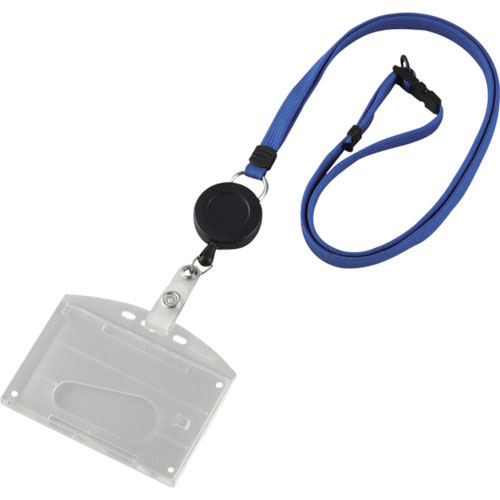 緑十字　吊り下げ名札（リール式ストラップ）　クリア／青　ハードケース　２枚収納式　吊名札３４６ＢＬ＿