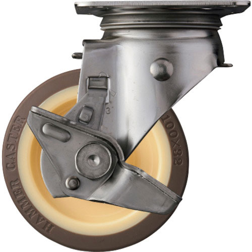 ハンマー　Ｓシリーズオールステンレス　旋回式ウレタン車輪（ローラーベアリング）１００ｍｍ　ストッパー＿