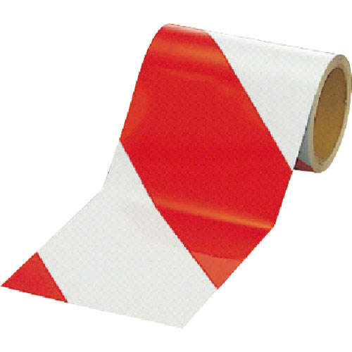 ユニット　反射トラテープ赤／白　ポリエステル樹脂フィルム　１５０ｍｍ幅×１０ｍ＿
