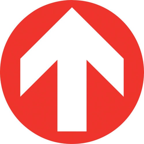 緑十字　階段蹴込み板用標示ステッカー　矢印　ＳＴＰＳ－９　赤　１００ｍｍΦ　４枚組　エンビ＿