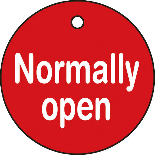 緑十字　バルブ開閉札　Ｎｏｒｍａｌｌｙ　ｏｐｅｎ（赤）　５０ｍｍΦ　両面表示　ＰＥＴ＿