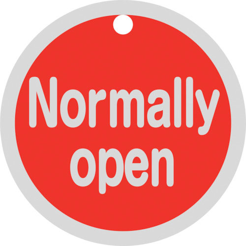緑十字　バルブ開閉札　Ｎｏｒｍａｌｌｙ　ｏｐｅｎ（赤）　特１５－１４９Ａ　５０ｍｍΦ　両面表示　アル＿