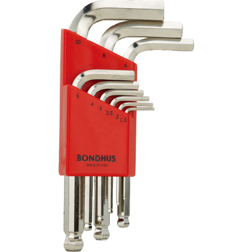 ボンダス　六角棒レンチセット　ボールポイント・Ｌ－レンチ　ショート　めっき　９本組（１．５－１０ｍｍ＿