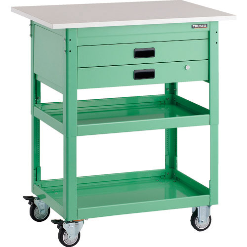 ＴＲＵＳＣＯ　ツールワゴン　ドルフィン　高さ調節式　天板付　９００×６００　２段引出　ヤンググリーン＿