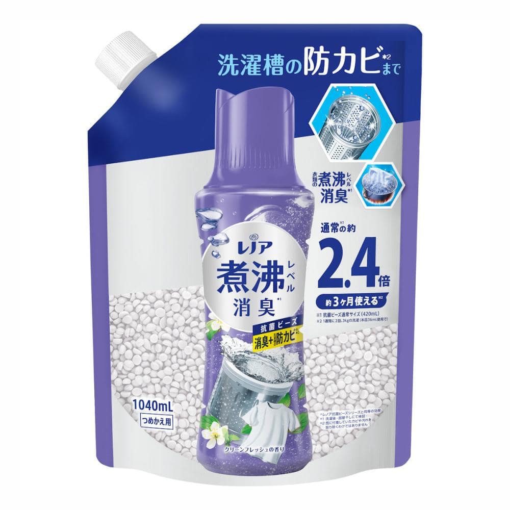 Ｐ＆Ｇ　レノア　超消臭　煮沸レベル消臭　抗菌ビーズ　洗濯槽の防カビ　クリーンフレッシュの香り　詰め替え用　特大　１０４０ｍＬ