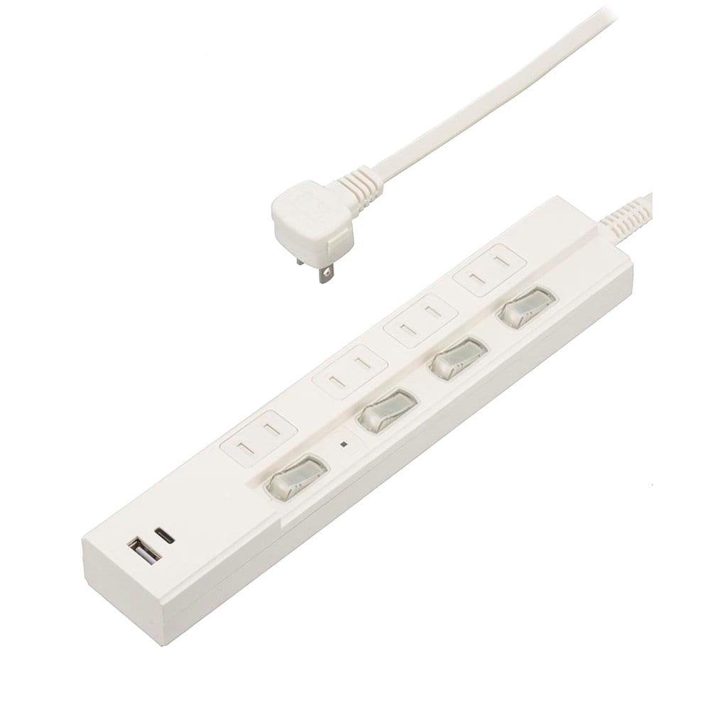 オーム電機　４個口節電タップ雷ガード付　ＰＤ対応　タイプＣ・Ａポート付　１ｍ　ホワイト