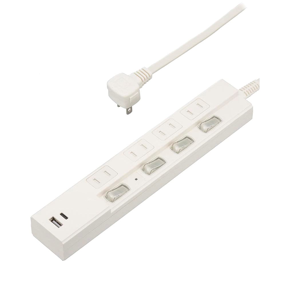 オーム電機　４個口節電タップ雷ガード付　ＰＤ対応　タイプＣ・Ａポート付　２ｍ　ホワイト