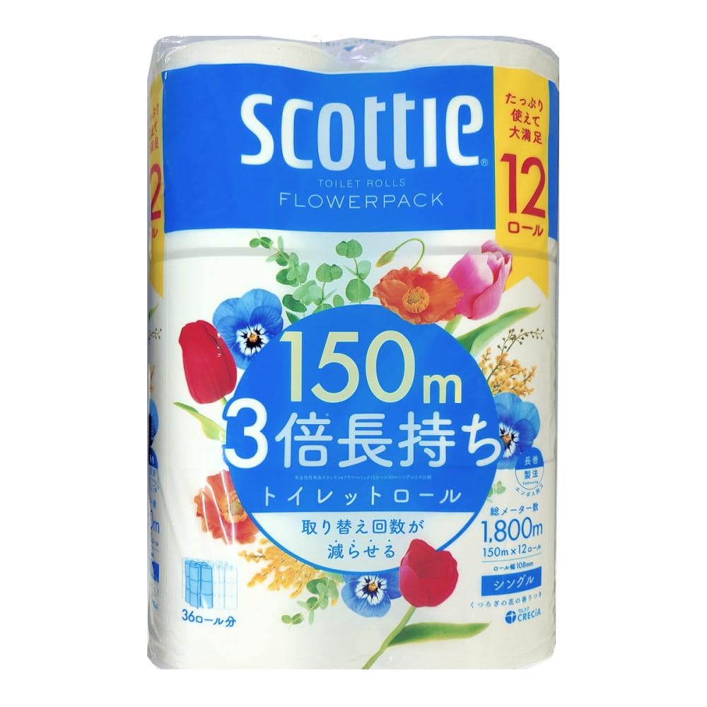 日本製紙クレシア　スコッティ　フラワーパック　３倍長持ちトイレット　シングル　１２ロール