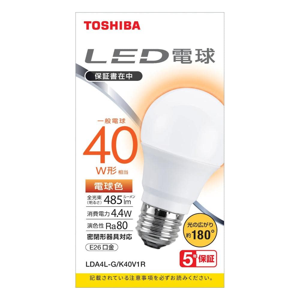 東芝　ＬＥＤ電球　広配光　４０Ｗ形　電球色　ＬＤＡ４Ｌ－Ｇ／Ｋ４０Ｖ１Ｒ