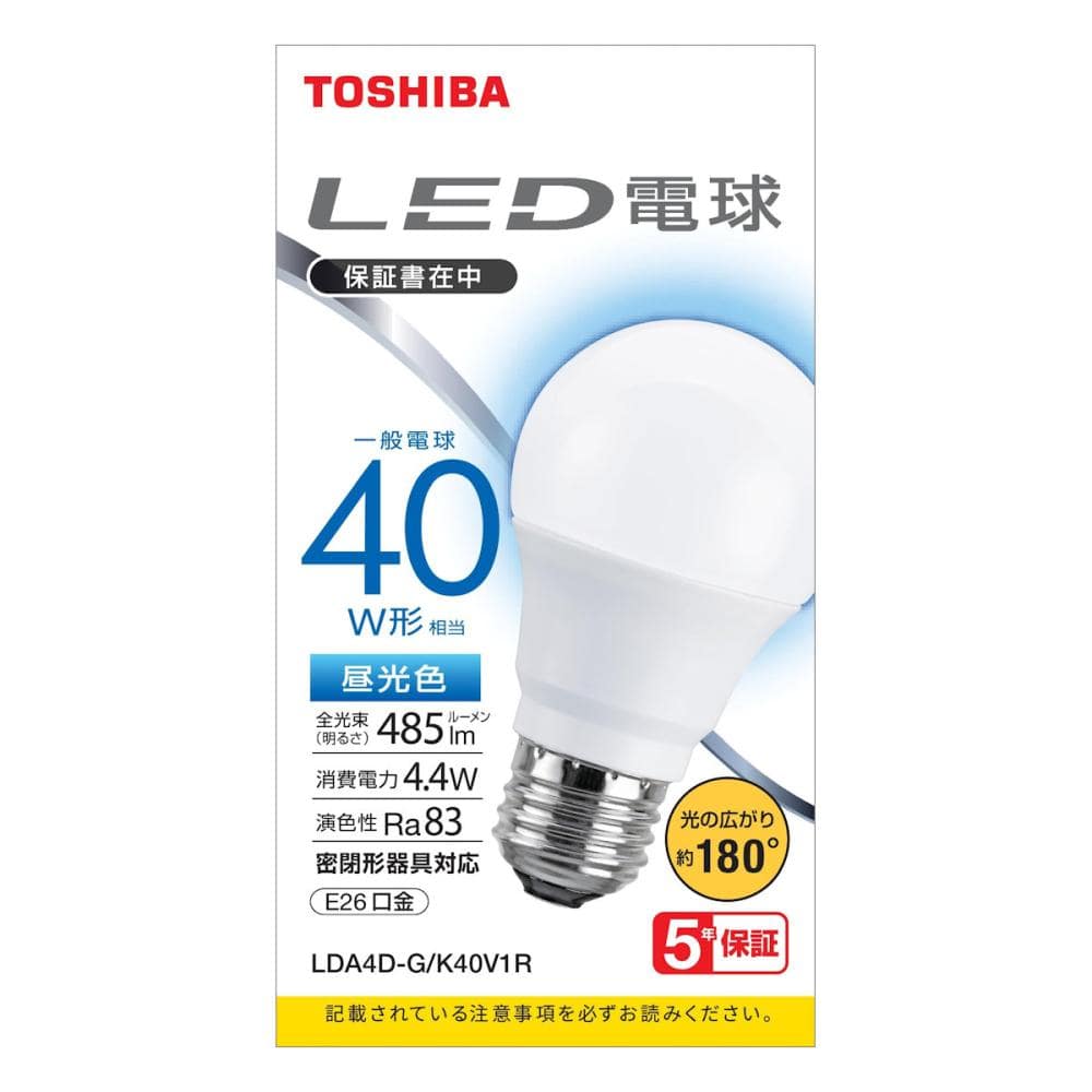東芝　ＬＥＤ電球　広配光　４０Ｗ形　昼光色　ＬＤＡ４Ｄ－Ｇ／Ｋ４０Ｖ１Ｒ