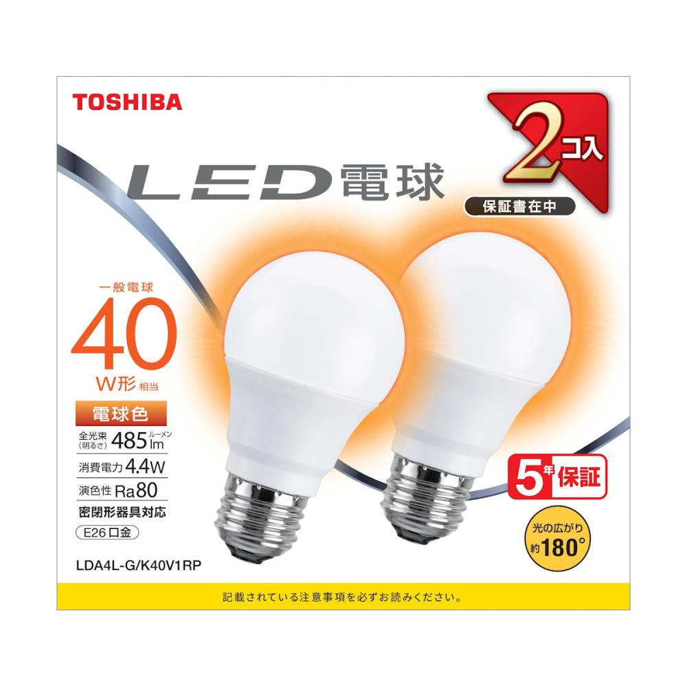 東芝　ＬＥＤ電球　広配光　４０Ｗ形　電球色　２個入り　ＬＤＡ４Ｌ－Ｇ／Ｋ４０Ｖ１Ｒ