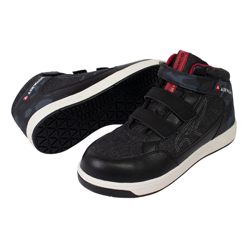 ユニワールド　安全靴　エアウォーク　迷彩デニム　マジックタイプ　ブラック×レッド　２６．５ｃｍ　ＡＷ６８１