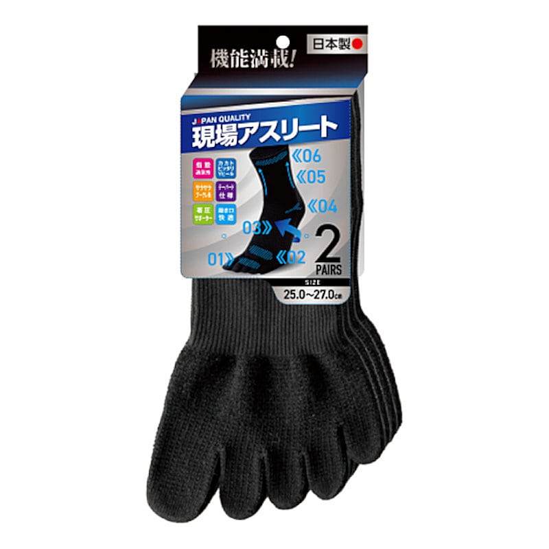 ユニワールド　現場アスリート５本指ソックス　黒　クルー丈　１６１５－ＢＫ